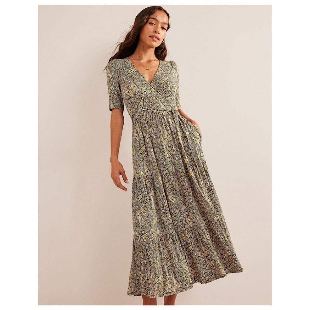 Boden Tiered Crossover V-Neck Dress Womens Sz US 4R Green Paisley Short Sleeve